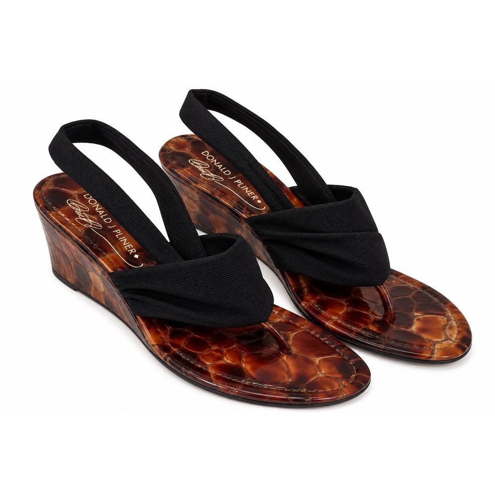 Donald J Pliner 8M Tortoiseshell Wedge Sandals Black Stretch Y2K SlingbacK